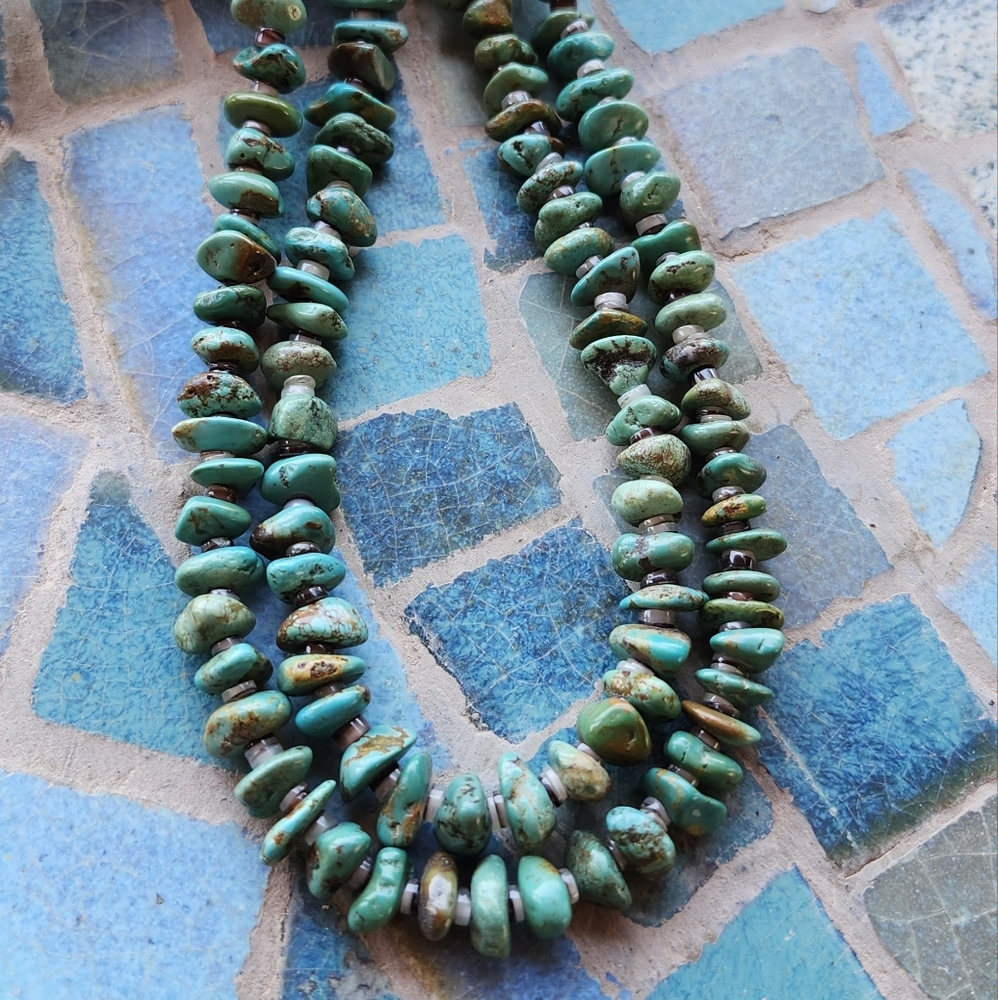 Sterling Silver Genuine Turquoise 2 strand Necklace Set - Picture 10 of 17